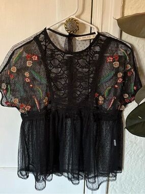 Zara Black Lace Peplum Top with Multicolor Floral Embroidery